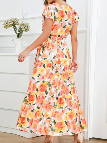 HOT Longue Fleurie Robe à Fleurs Longue Robe Longue Orange