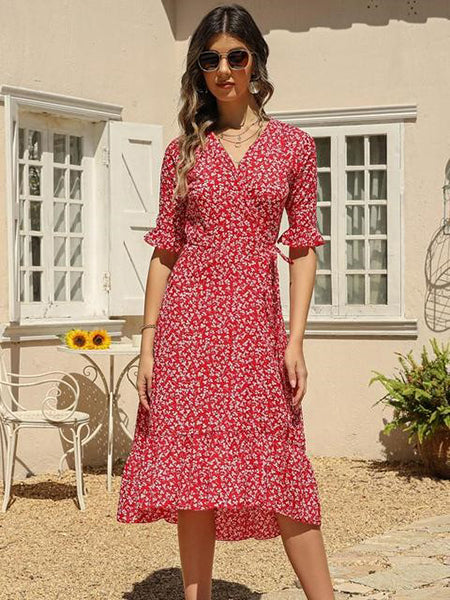Robe Coupe Portefeuille Rouge Fleurie