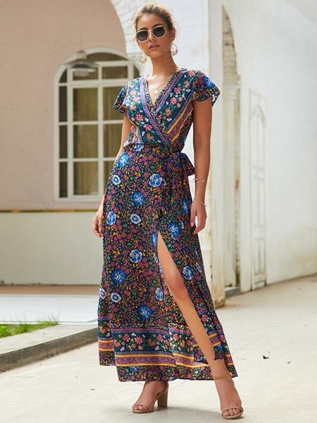 Longue Bohème Robe Longue Cache Coeur Manche Courte Robe Longue