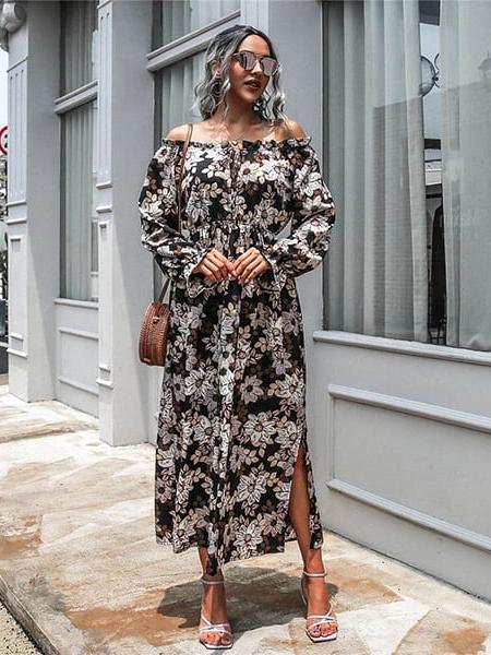 Robe Longue Fleurie Fond Noir Princesse Fleurie