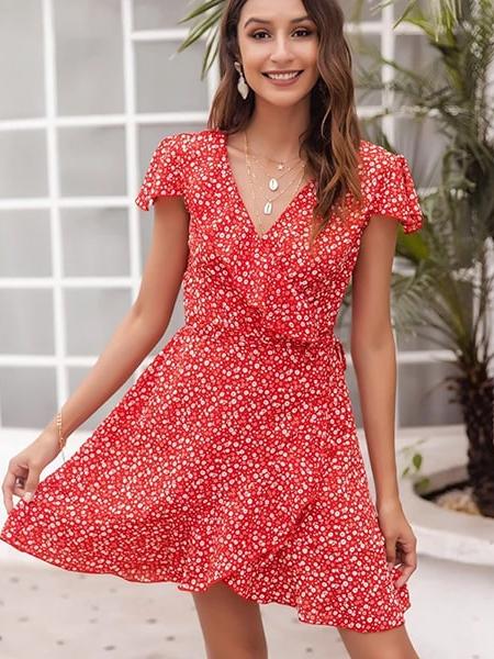 Robe Fleurie Rouge Volants Princesse Fleurie