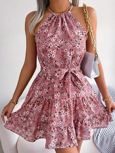 Robe fleurie courte col licou