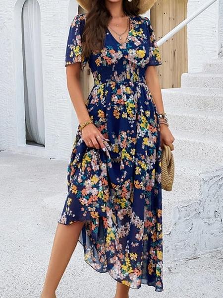 Robe longue bleu marine fleurie