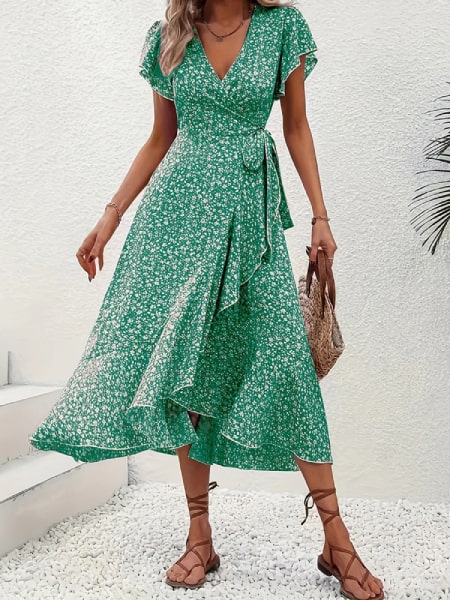 Robe portefeuille fleurie verte