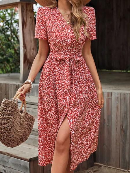 robe fleurie rouge boutonnée