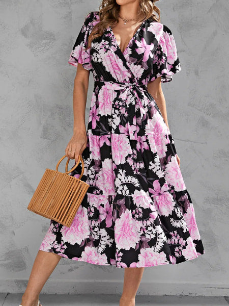 robe noire a fleur rose