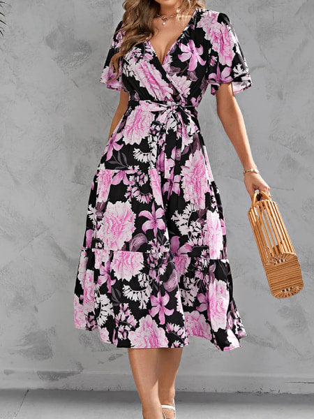 robe noire a fleur rose