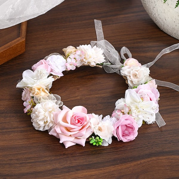 Wedding Floral Guirlande Couronne Demoiselle, Femmes Bandeaux, Couronne De Fleurs, GuKKK Rose Floral Coiffure Et Ensemble De Bracelet, Bandeau Réglable Pour Party Festival Beach Travle Mariage (Rose