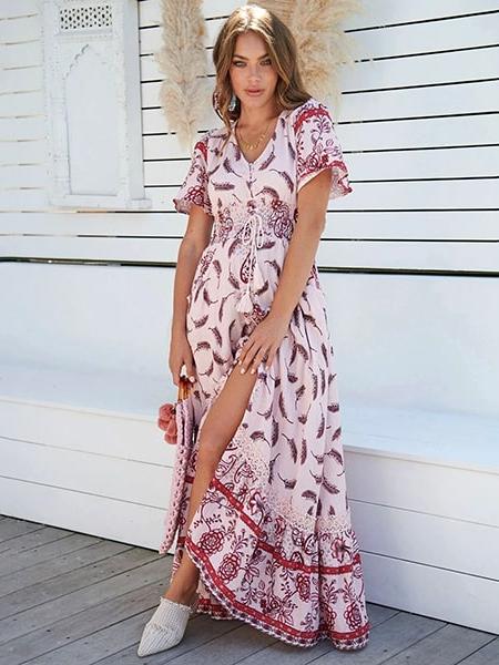 Robe Longue Imprimée Fleuri et Plume
