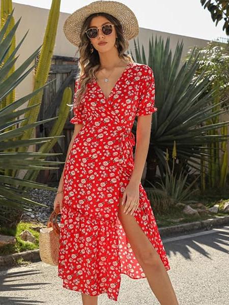 Robe maxi fleurie portefeuille à volants