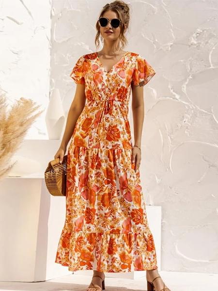 Robe orange fleurie