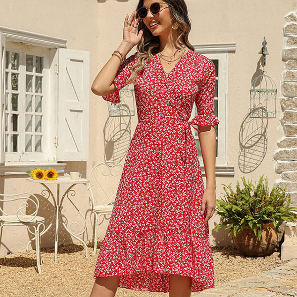 Robe Portefeuille Rouge Fleurie