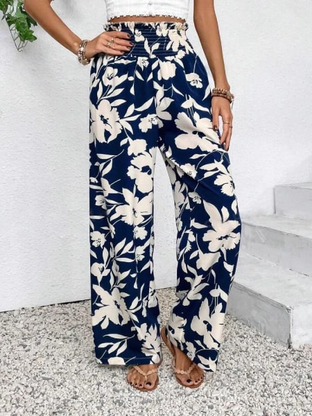 pantalon bleu fleurs