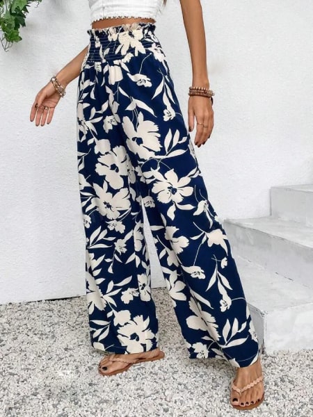 pantalon fleuri bleu